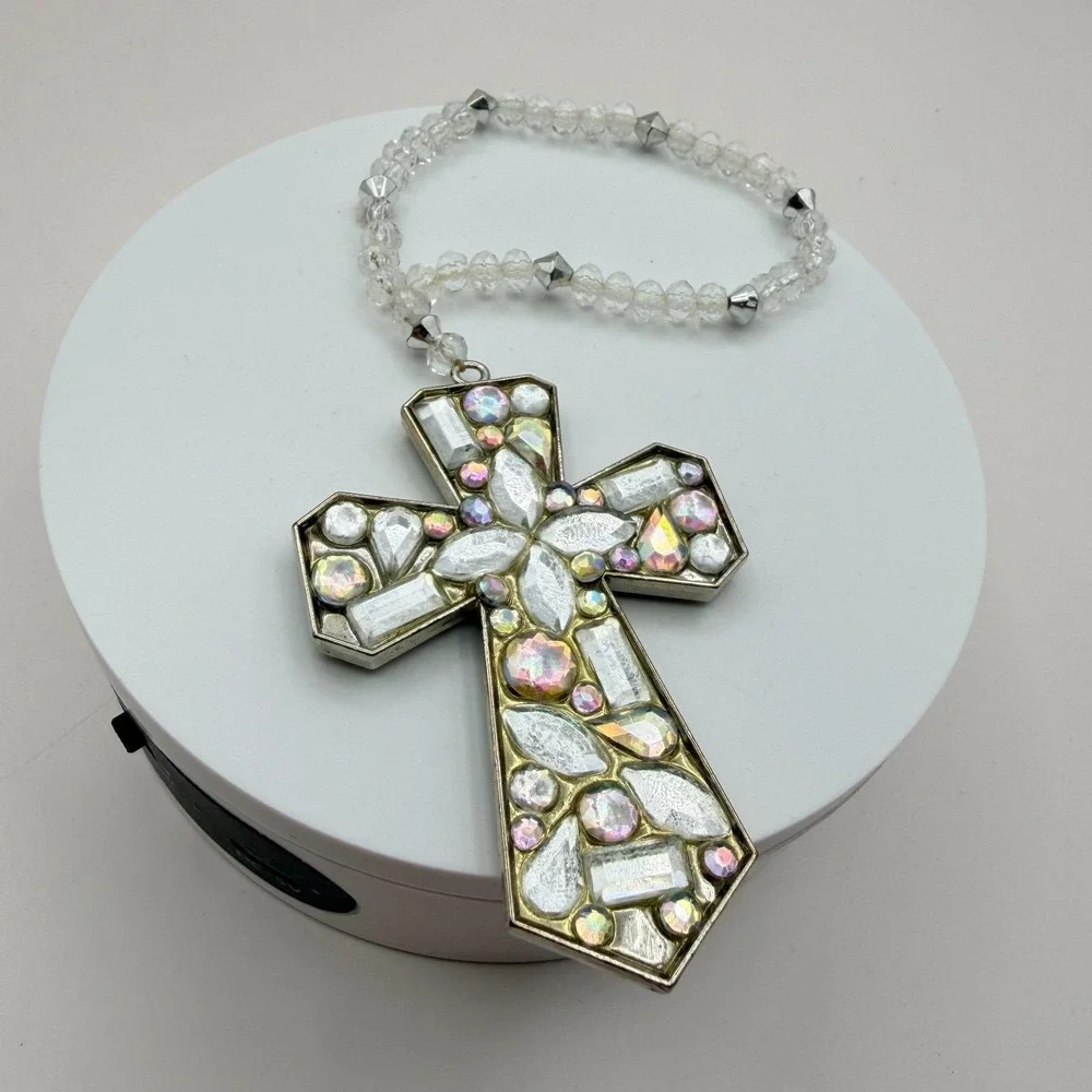 Vintage Silver Tone Beaded Cross Charm Bracelet Rhinestone Crystal‎ AB Statement